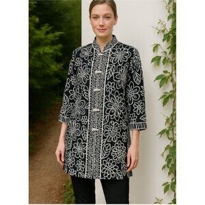Bob Mackie Wearable Art Women's Silk Blouse Tunic Black Floral Cheongsam Button